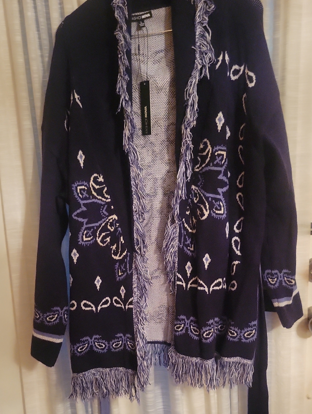 Fashion Nova Navy Fringe Belted Cardigan Coatigan Brand New - Picture 6 of 7